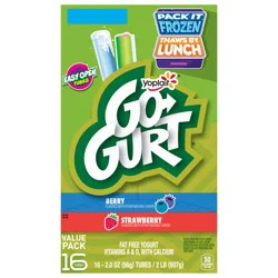 Go-GURT Berry and Strawberry Kids Fat Free Yogurt Variety Pack, Gluten Free, 2 oz Yogurt Tubes (16 Count)