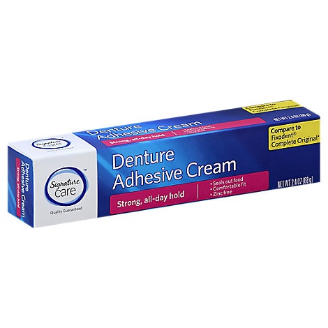 slide 1 of 1, Signature Care Denture Adhesive Cream Strong All Day Hold, 2.4 oz