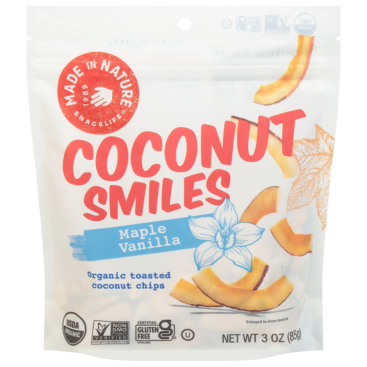 slide 1 of 1, Made in Nature Smiles Organic Toasted Maple Vanilla Coconut Chips 3 oz, 3 oz