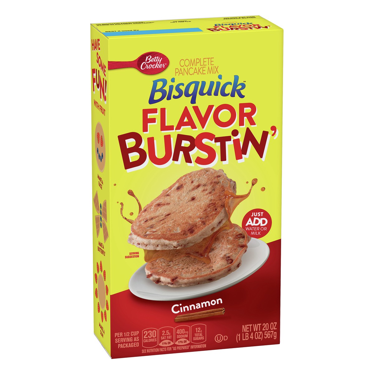 slide 2 of 10, Bisquick Pancake Mix, Complete, Flavor Burstin', Cinnamon, 20 oz