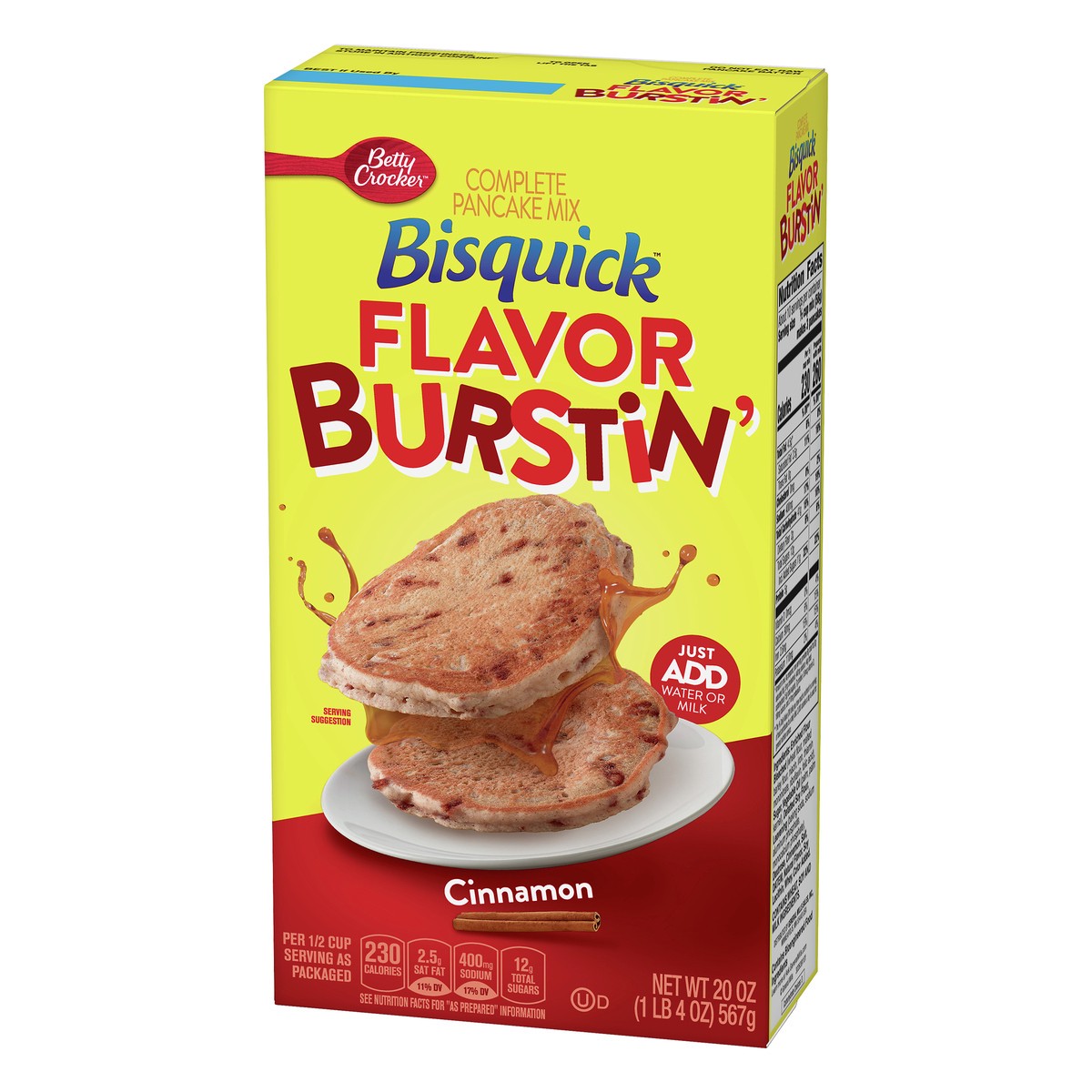 slide 10 of 10, Bisquick Pancake Mix, Complete, Flavor Burstin', Cinnamon, 20 oz