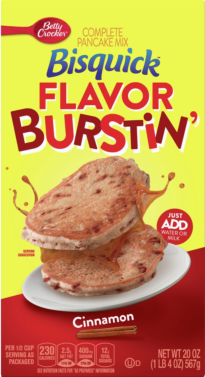 slide 6 of 10, Bisquick Pancake Mix, Complete, Flavor Burstin', Cinnamon, 20 oz