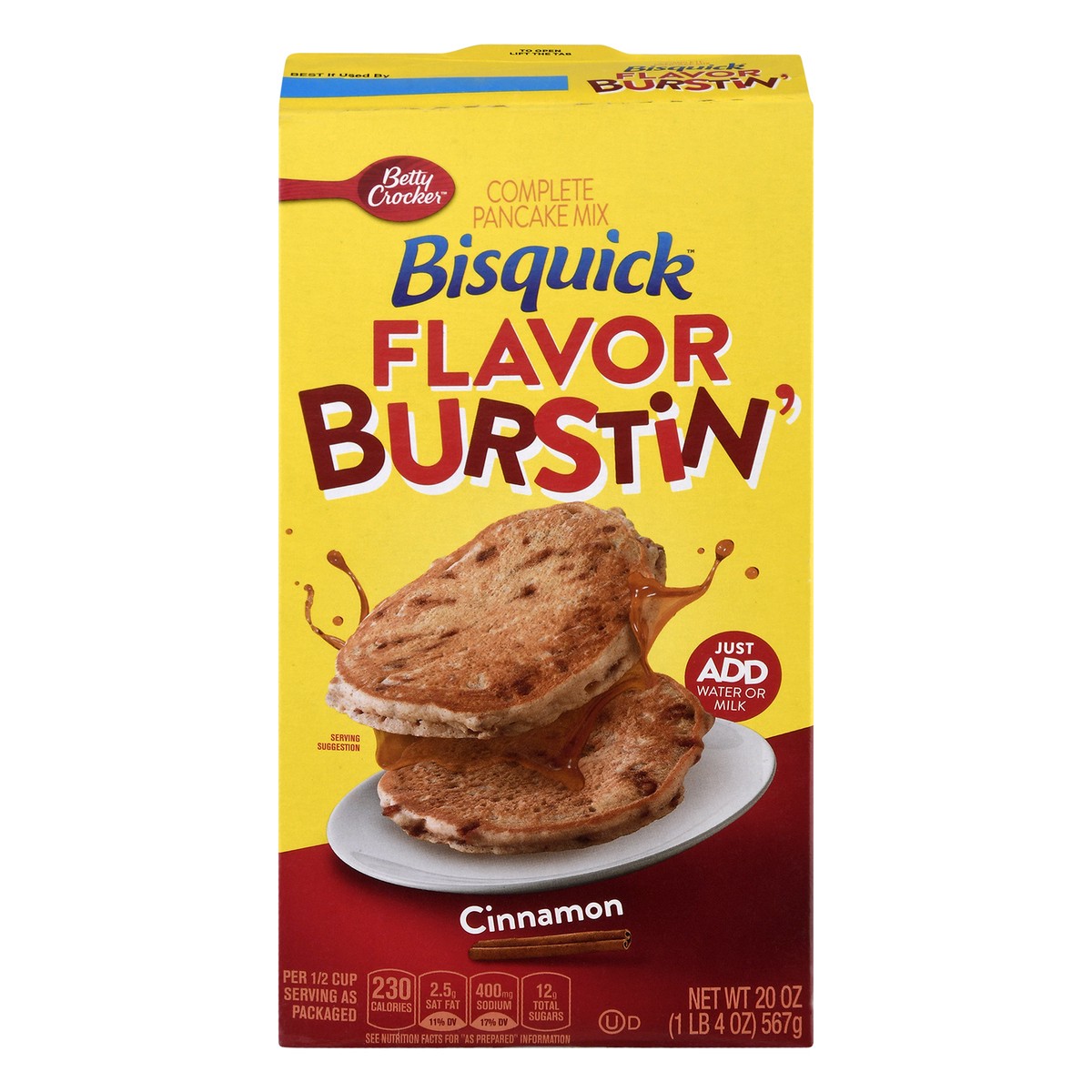 slide 1 of 10, Bisquick Pancake Mix, Complete, Flavor Burstin', Cinnamon, 20 oz