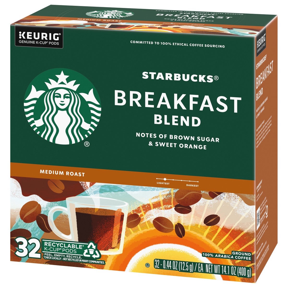 slide 3 of 14, Starbucks K-Cup Coffee Pods, Medium Roast Coffee, Breakfast Blend, 100% Arabica, 1 box (32 pods), 14.1 oz