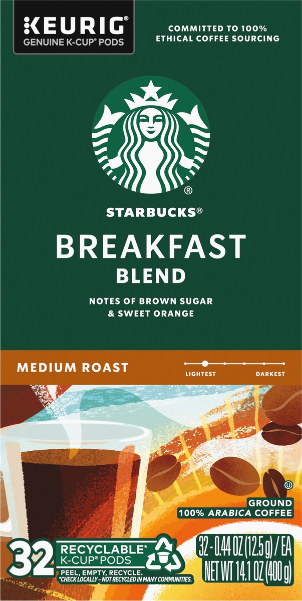 slide 6 of 14, Starbucks K-Cup Coffee Pods, Medium Roast Coffee, Breakfast Blend, 100% Arabica, 1 box (32 pods), 14.1 oz