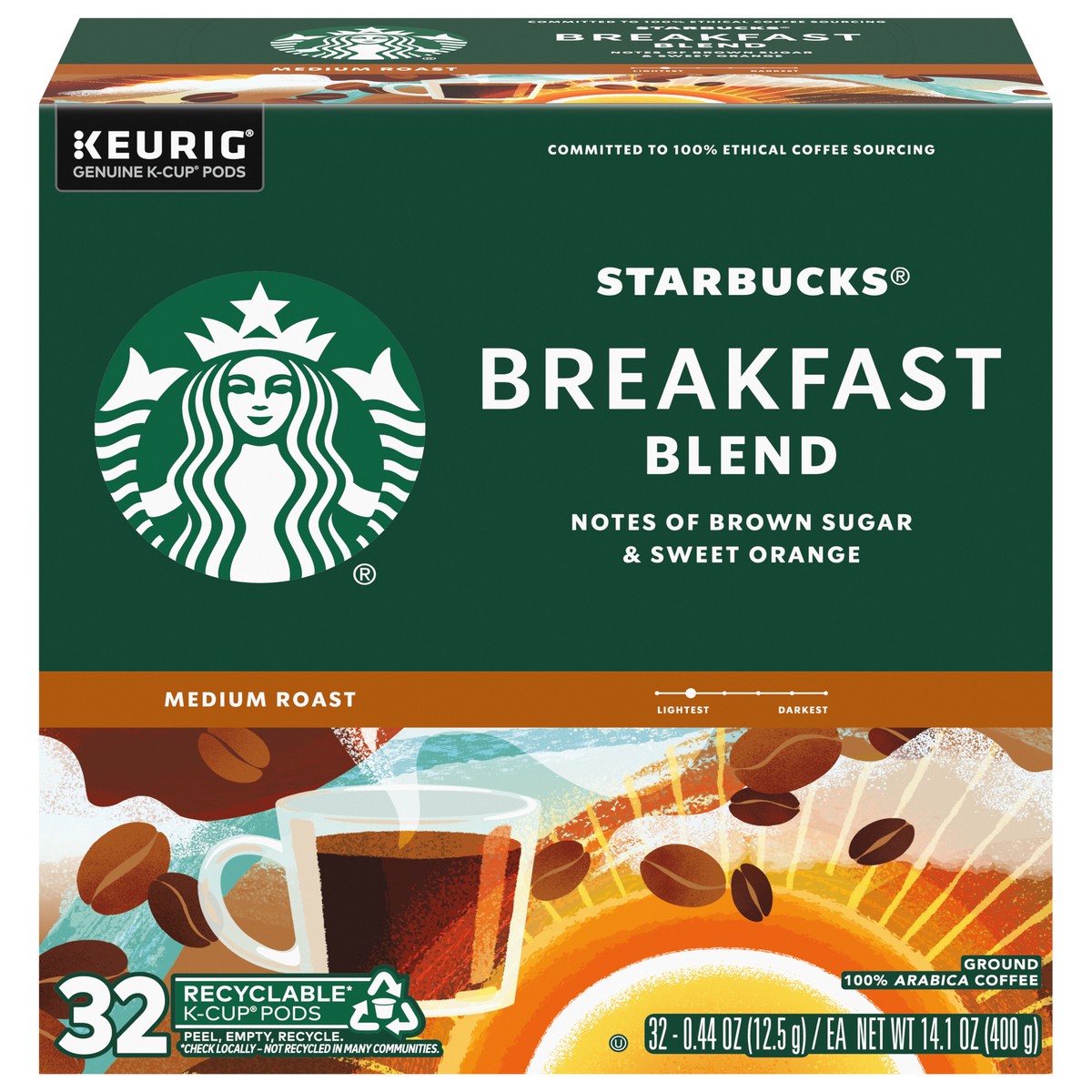 slide 2 of 14, Starbucks K-Cup Coffee Pods, Medium Roast Coffee, Breakfast Blend, 100% Arabica, 1 box (32 pods), 14.1 oz