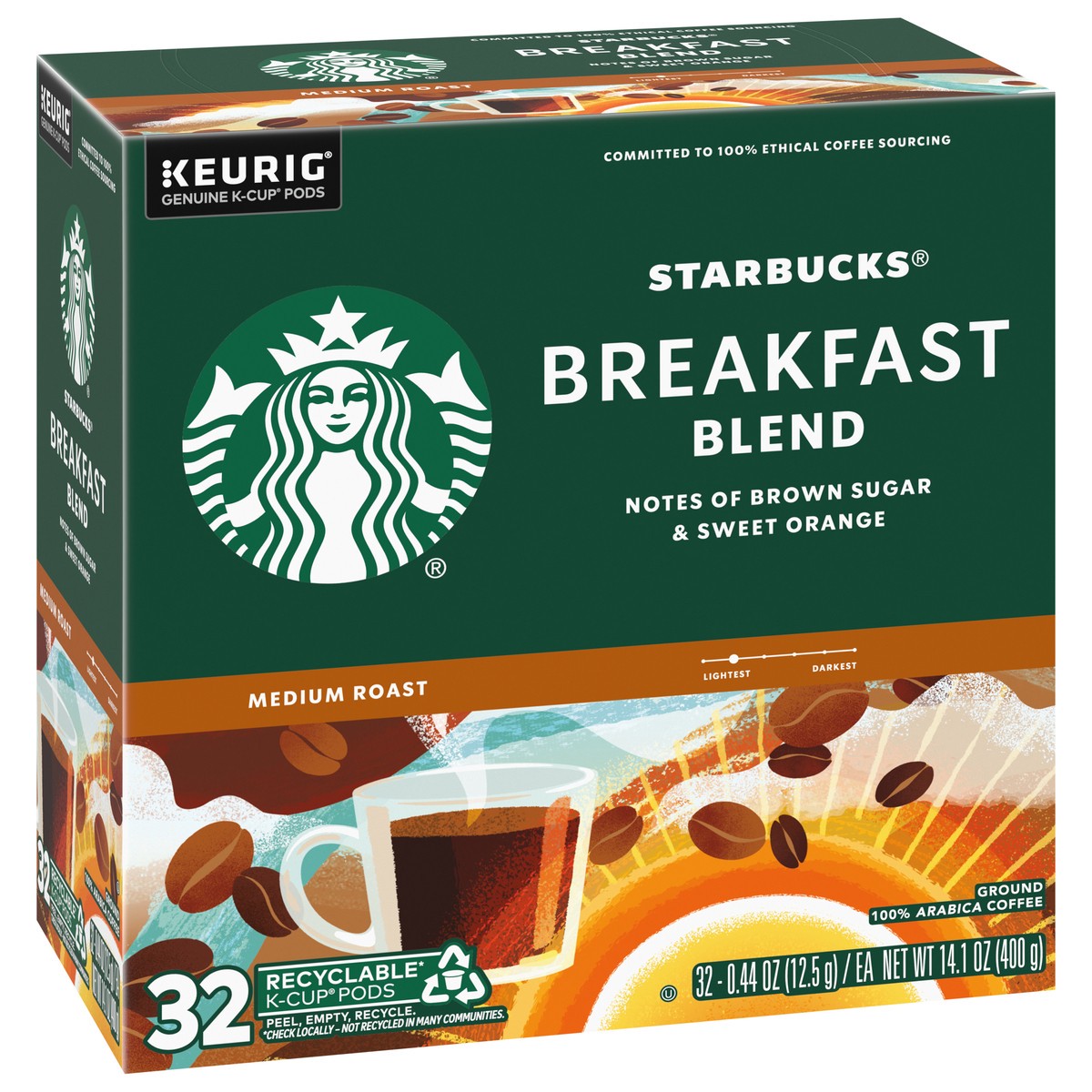 slide 8 of 14, Starbucks K-Cup Coffee Pods, Medium Roast Coffee, Breakfast Blend, 100% Arabica, 1 box (32 pods), 14.1 oz