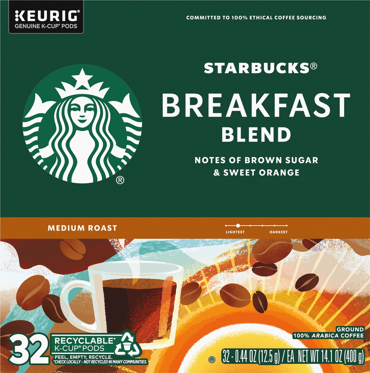 slide 9 of 14, Starbucks K-Cup Coffee Pods, Medium Roast Coffee, Breakfast Blend, 100% Arabica, 1 box (32 pods), 14.1 oz