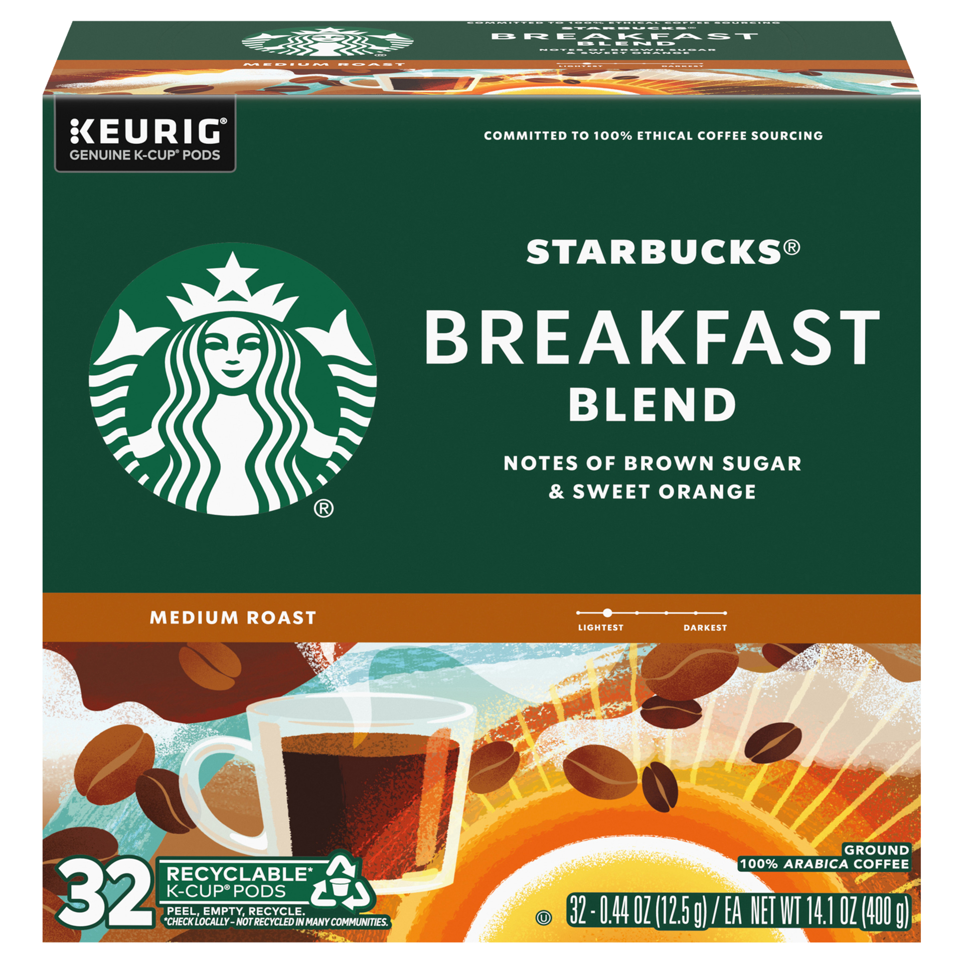 slide 1 of 14, Starbucks K-Cup Coffee Pods, Medium Roast Coffee, Breakfast Blend, 100% Arabica, 1 box (32 pods), 14.1 oz