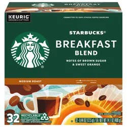 Starbucks Ground Medium Roast 100% Arabica K-Cup Pods Breakfast Blend Coffee 32 - 0.44 oz ea