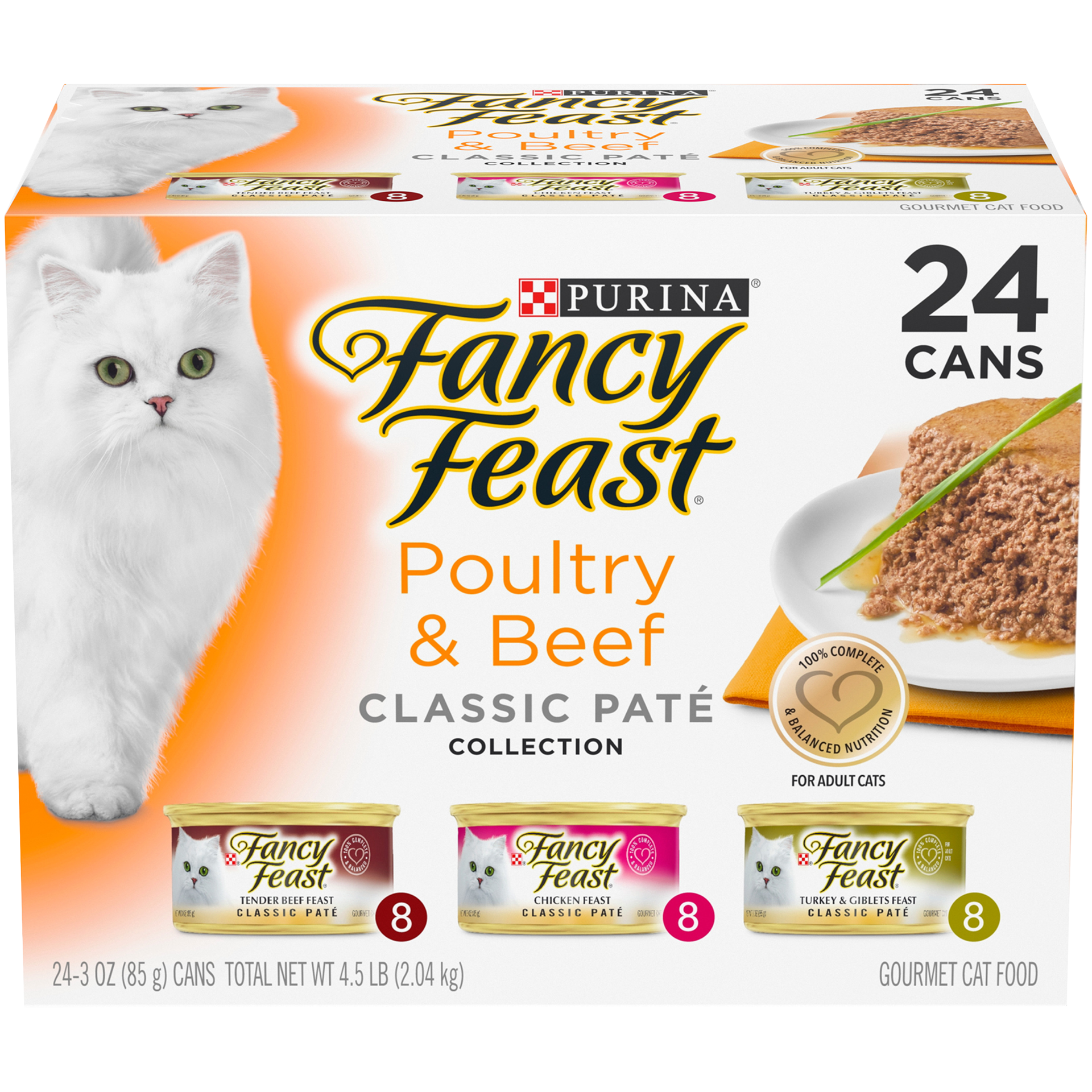 slide 1 of 7, Fancy Feast Purina Fancy Feast Classic Paté Gourmet Wet Cat Food Poultry Chicken, Turkey & Beef Collection - 3oz/24ct Variety Pack, 