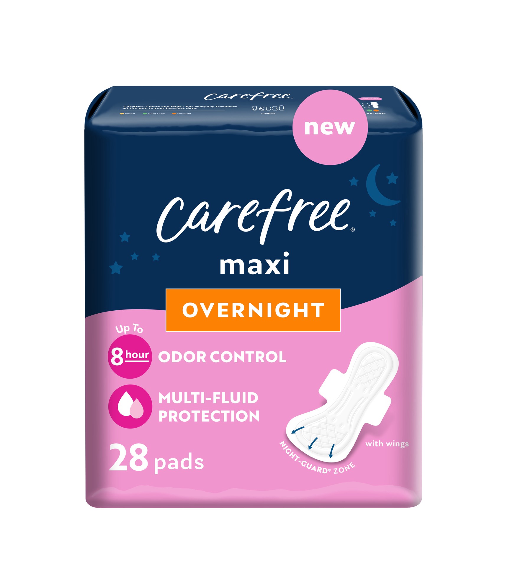 slide 4 of 9, CAREFREE Maxi Pads, Overnight With Wings, 28ct, 28 ct