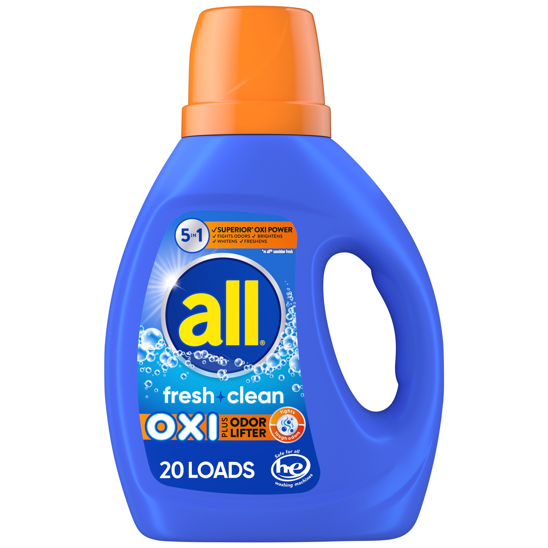 slide 1 of 1, All Liquid Laundry Detergent, Fresh Clean, OXI + Odor, 36 fl oz, 20 Loads, 36 fl oz