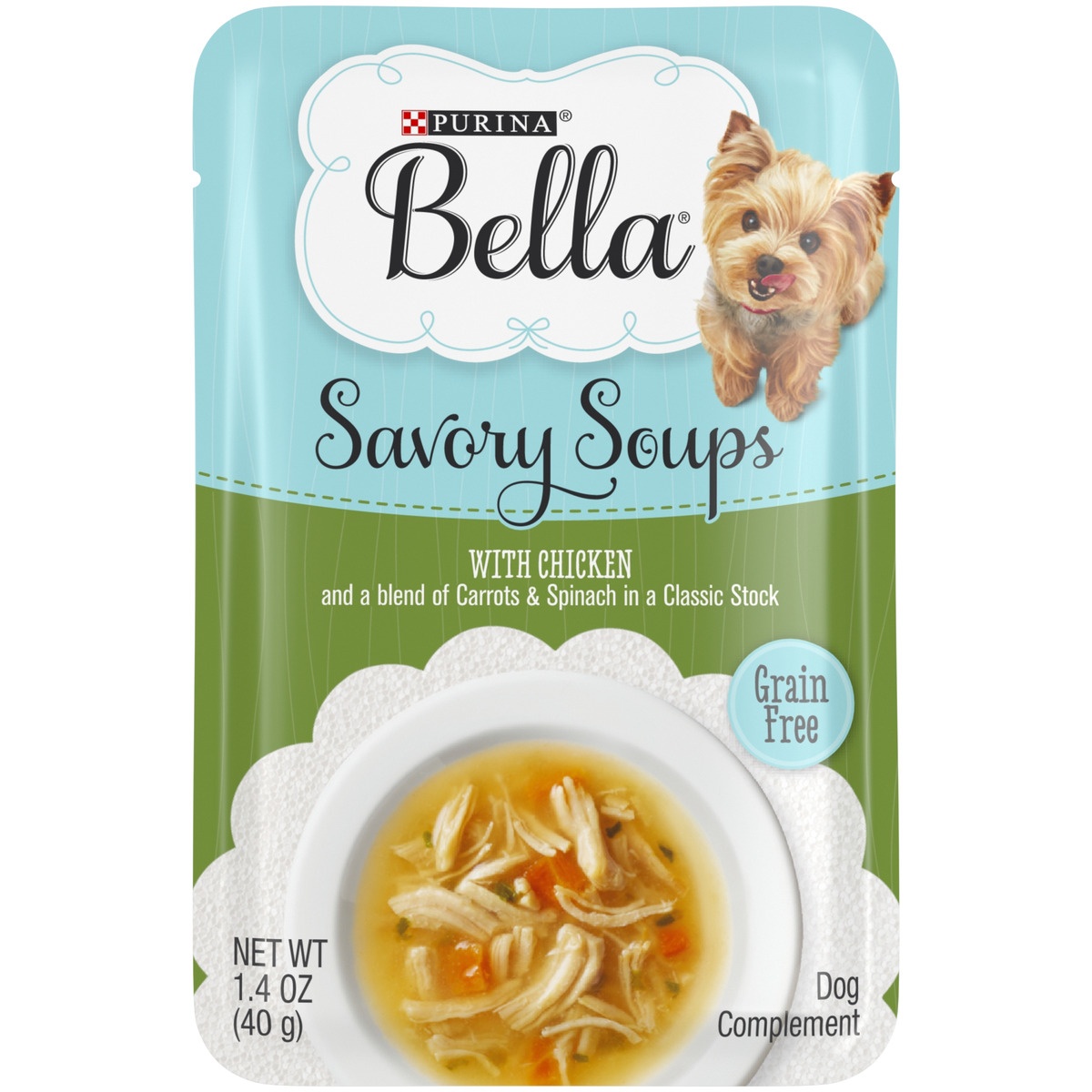 slide 1 of 1, Purina Bella Savory Soups with Chicken with a blend of Small Packinach and Carrots, 1.4 oz