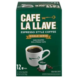 Café La Llave Espresso Style Single Serve Dark Roasted Coffee 12 Count