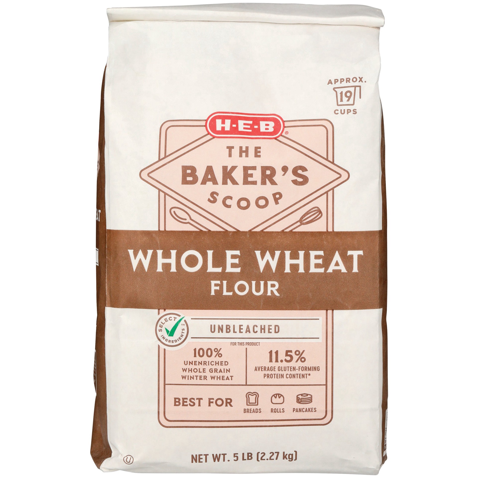 slide 1 of 1, H-E-B Bakers Scoop 100% Whole Wheat Flour, 5 lb