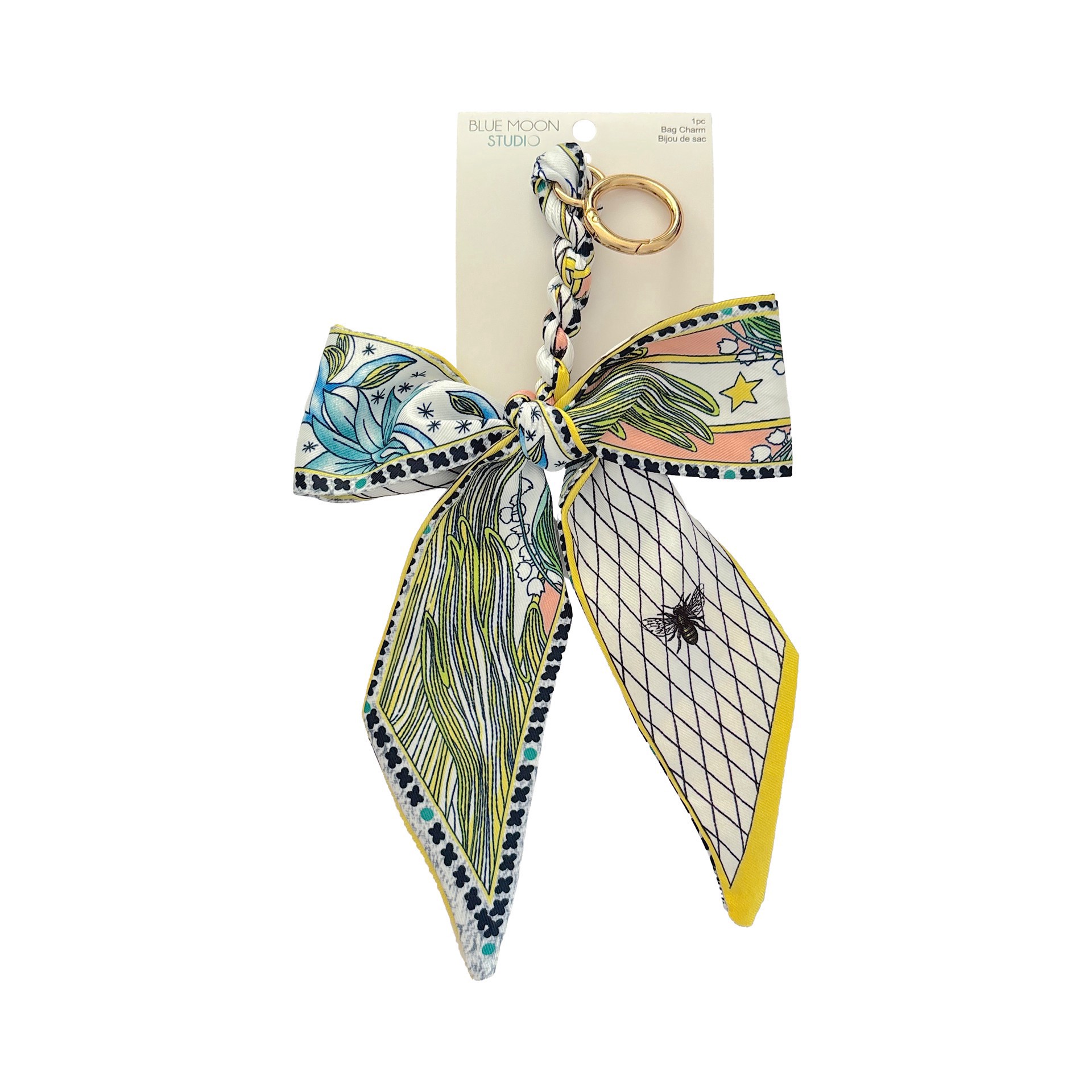 slide 3 of 3, Blue Moon Studio Yellow & Multicolor Leaf Print Bow Bag Charm, 9.5 in x 4.5 in x 0.5 in