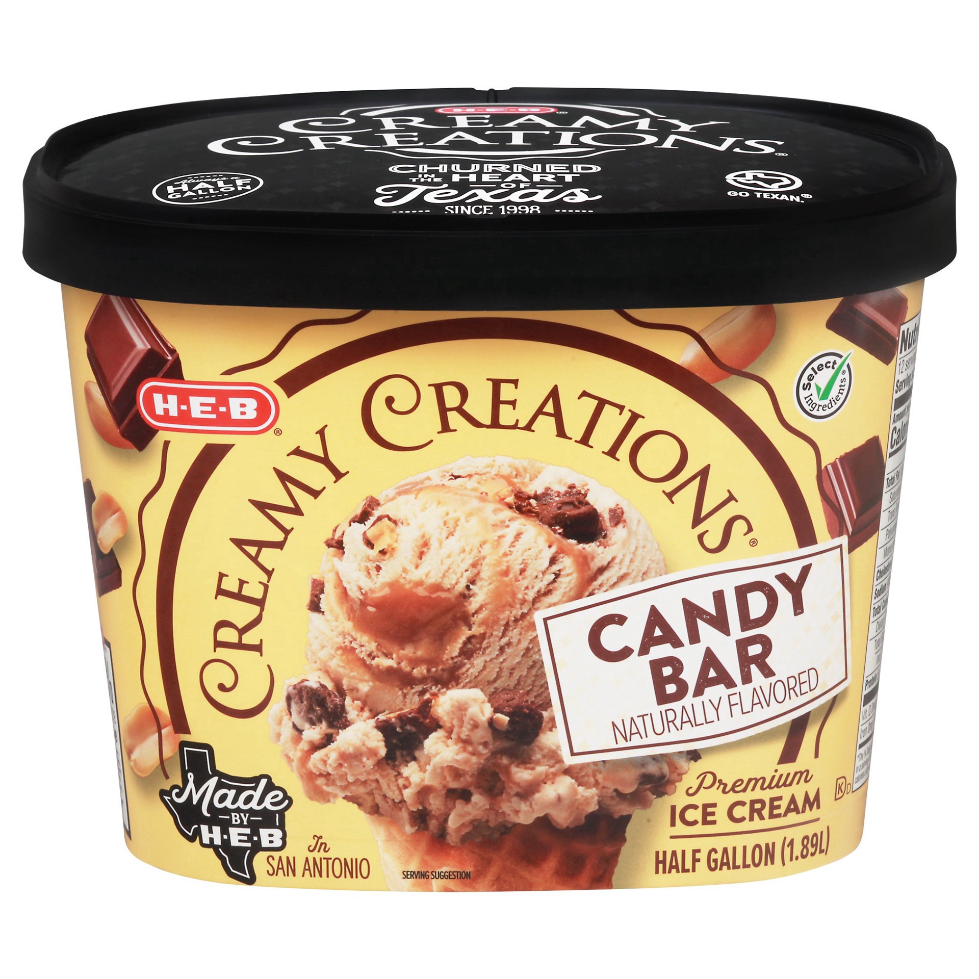 slide 1 of 1, H-E-B Creamy Creations Candy Bar Ice Cream, 1/2 gal