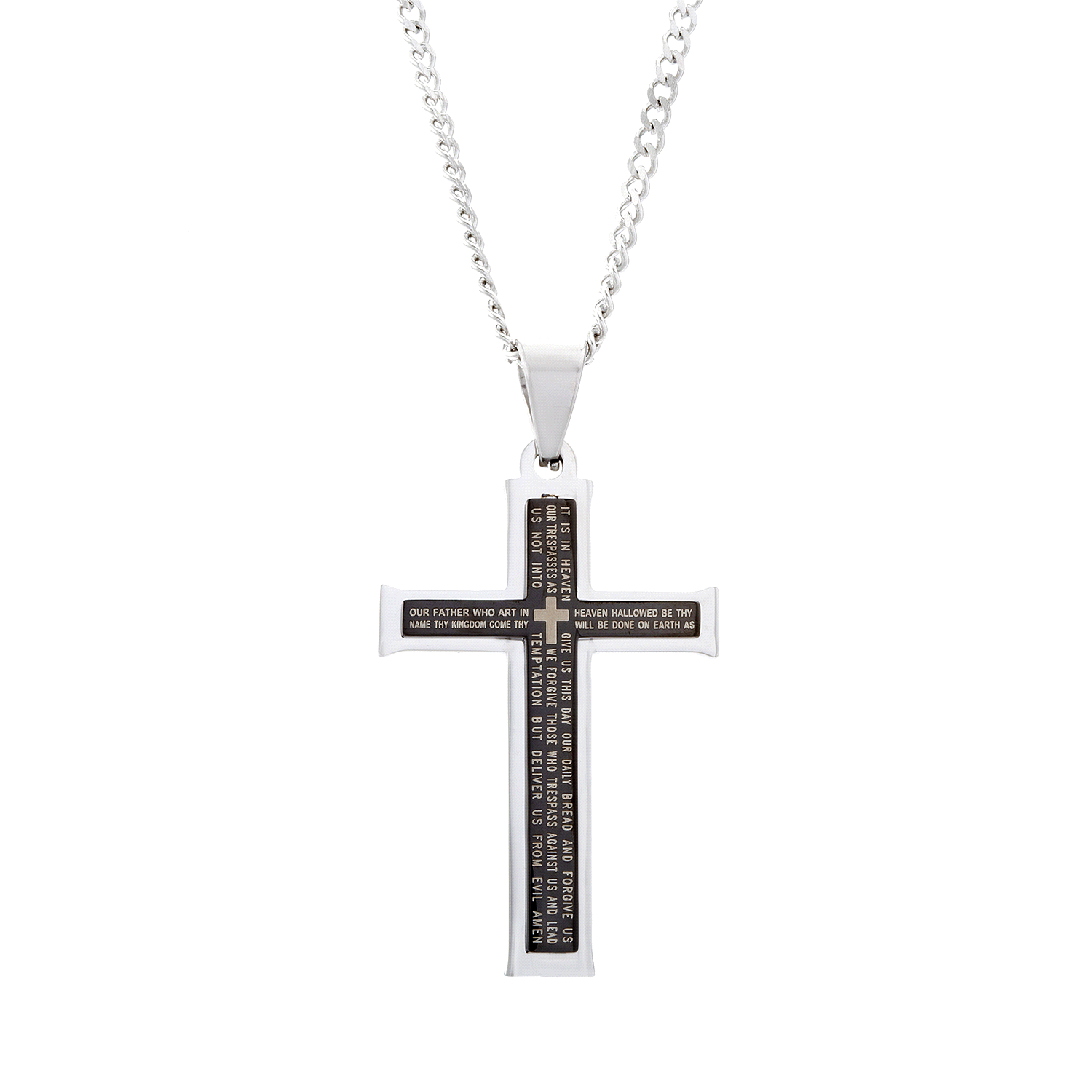slide 1 of 1, Vantage Stainless Steel Prayer Cross Pendant Silver/Blk 24", One Size
