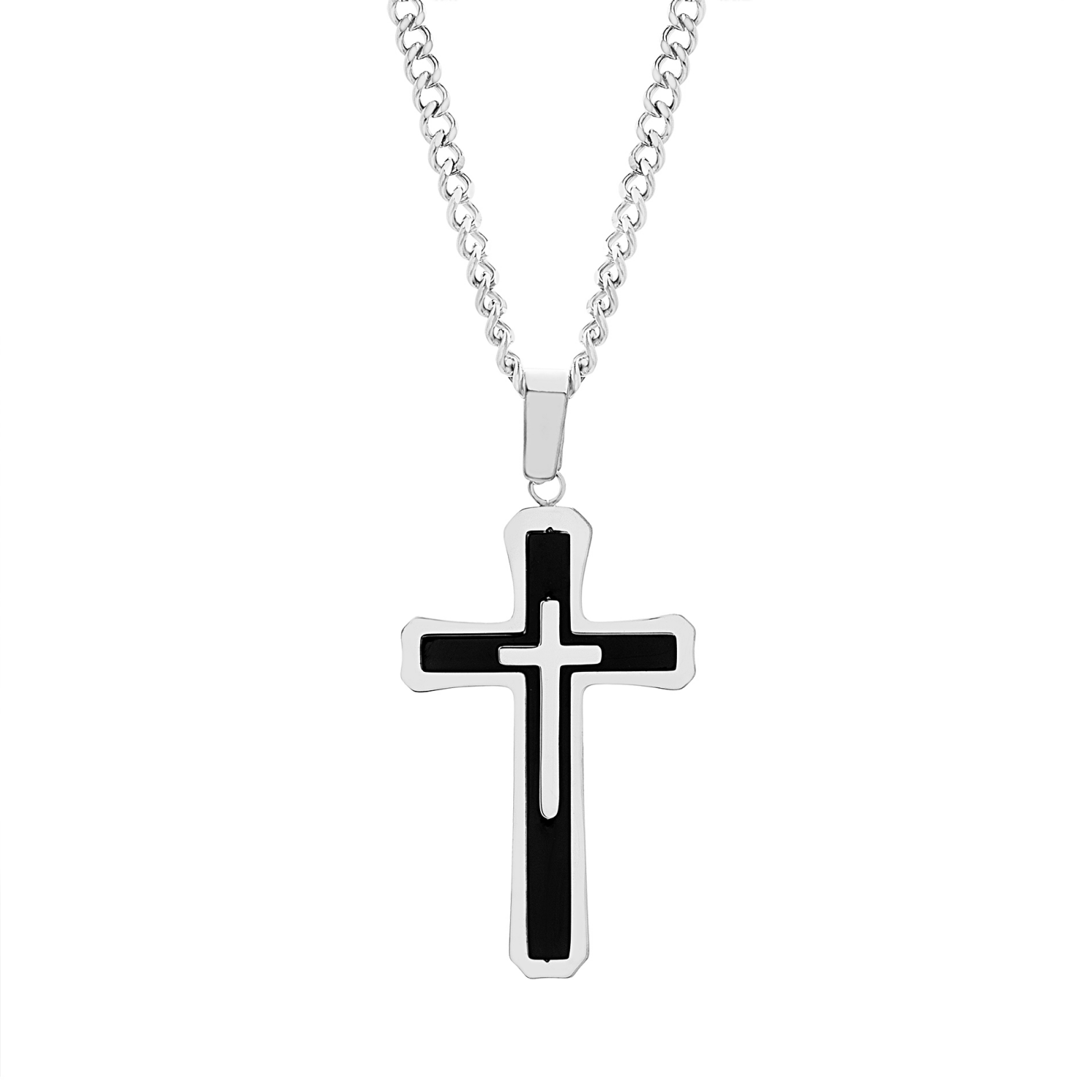 slide 1 of 2, Vantage Stainless Steel Cross Pendant Silver/Blk 24", One Size