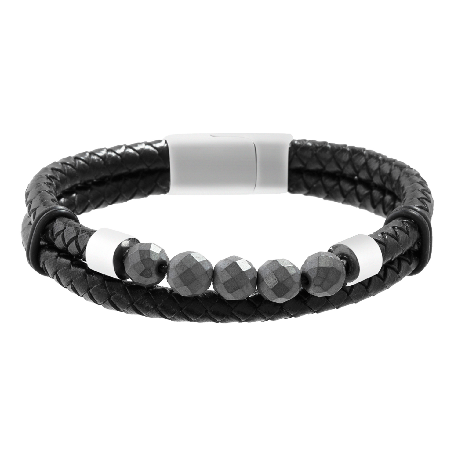 slide 1 of 2, Vantage Stainless Steel Leather Bracelet Black 9", One Size