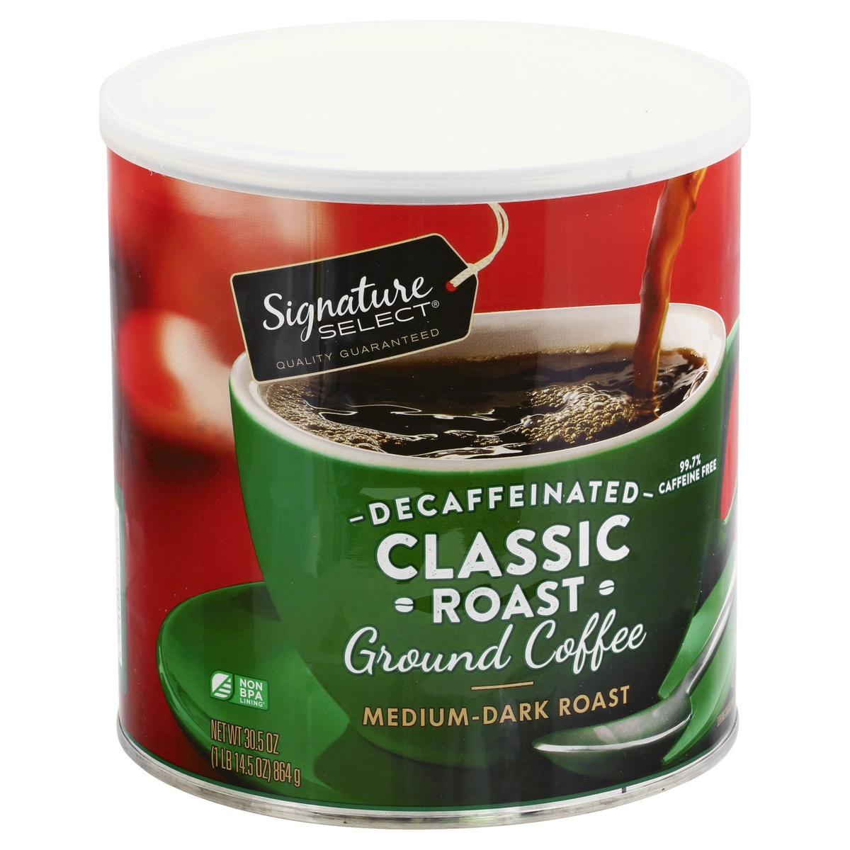 slide 2 of 9, Signature Select Decaffeinated Medium-Dark Roast Ground Classic Roast Coffee 30.5 oz, 