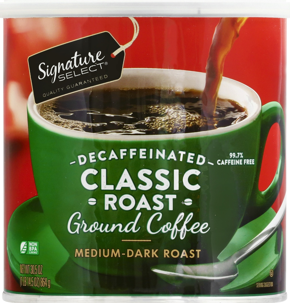 slide 6 of 9, Signature Select Decaffeinated Medium-Dark Roast Ground Classic Roast Coffee 30.5 oz, 