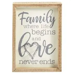Family, where life begins and love never ends inset box sign with string art