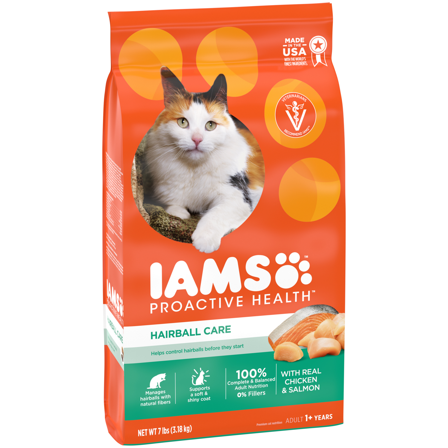 slide 4 of 8, IAMS PROACTIVE HEALTH Adult Hairball Care Dry Cat Food with Chicken and Salmon Cat Kibble, 7 lb. Bag, 7 lb
