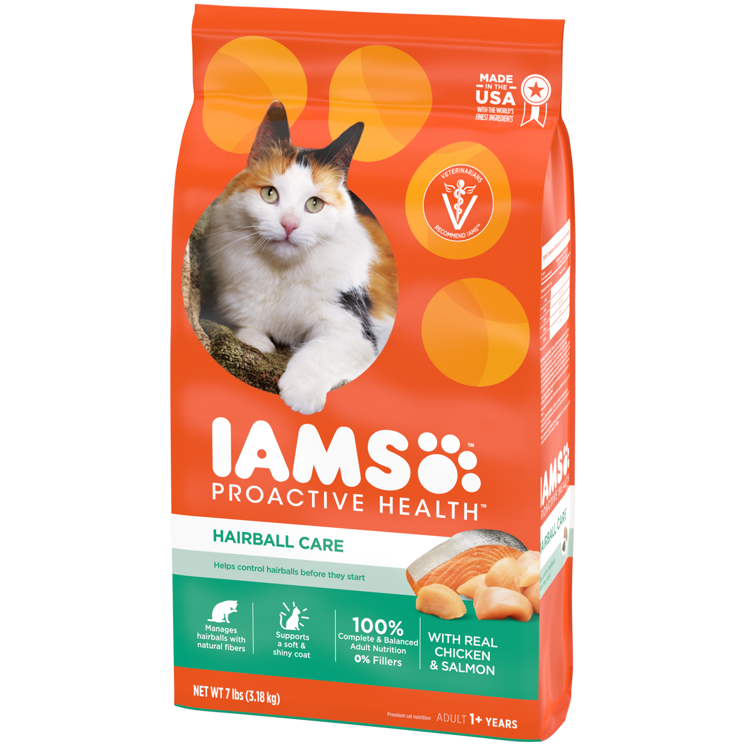 slide 5 of 8, IAMS PROACTIVE HEALTH Adult Hairball Care Dry Cat Food with Chicken and Salmon Cat Kibble, 7 lb. Bag, 7 lb
