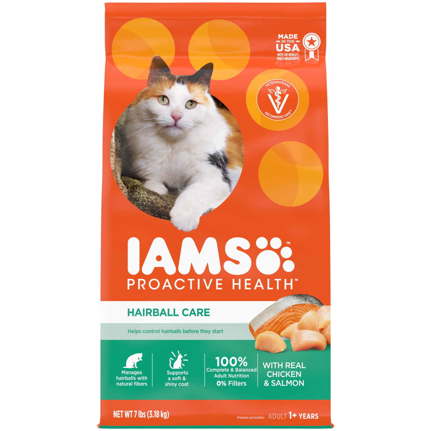 slide 1 of 8, IAMS PROACTIVE HEALTH Adult Hairball Care Dry Cat Food with Chicken and Salmon Cat Kibble, 7 lb. Bag, 7 lb