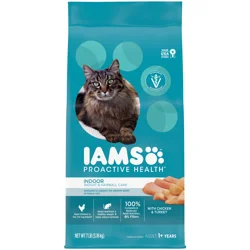 IAMS ProActive Health Adult Indoor Weight Control & Hairball Care Dry Cat Food with Chicken & Turkey Cat Kibble, 7 lbs.