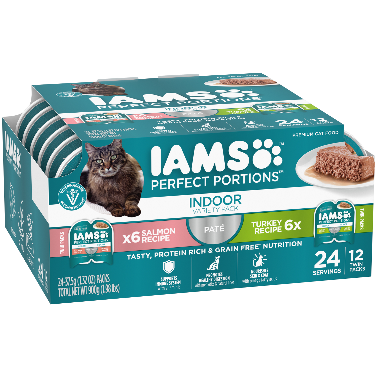 slide 2 of 8, IAMS Premium Indoor Twins Pack Salmon Recipe Turkey Recipe Cat Food 24.0 ea, 24 ct