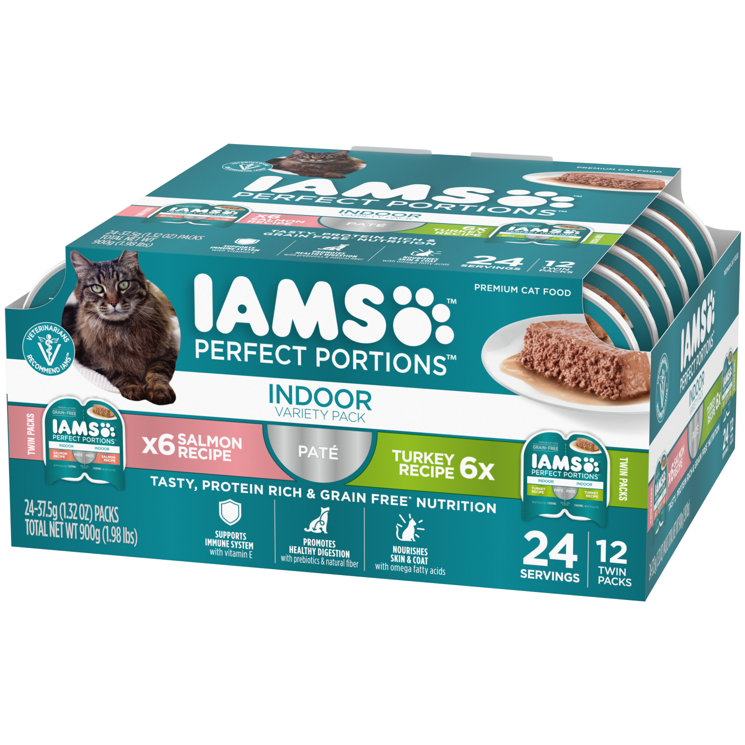slide 6 of 8, IAMS Premium Indoor Twins Pack Salmon Recipe Turkey Recipe Cat Food 24.0 ea, 24 ct