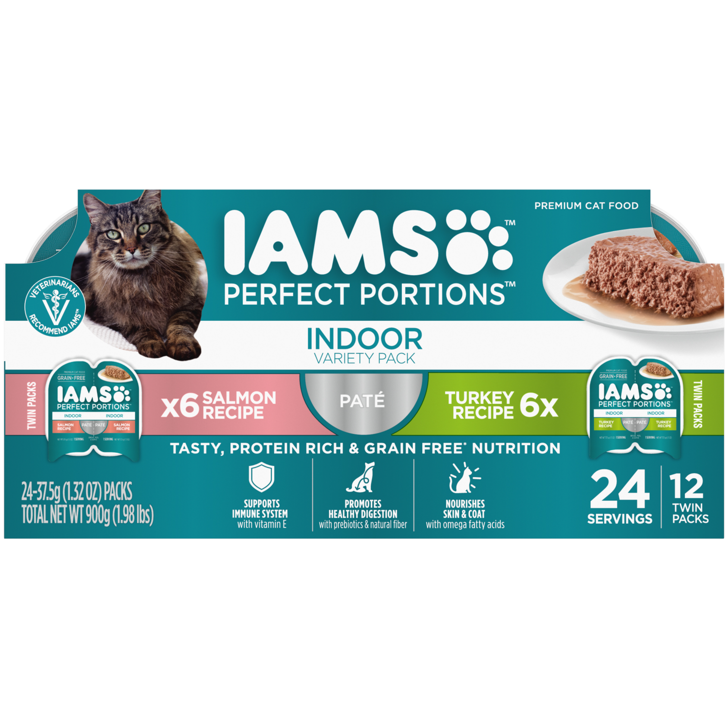 slide 1 of 8, IAMS Premium Indoor Twins Pack Salmon Recipe Turkey Recipe Cat Food 24.0 ea, 24 ct