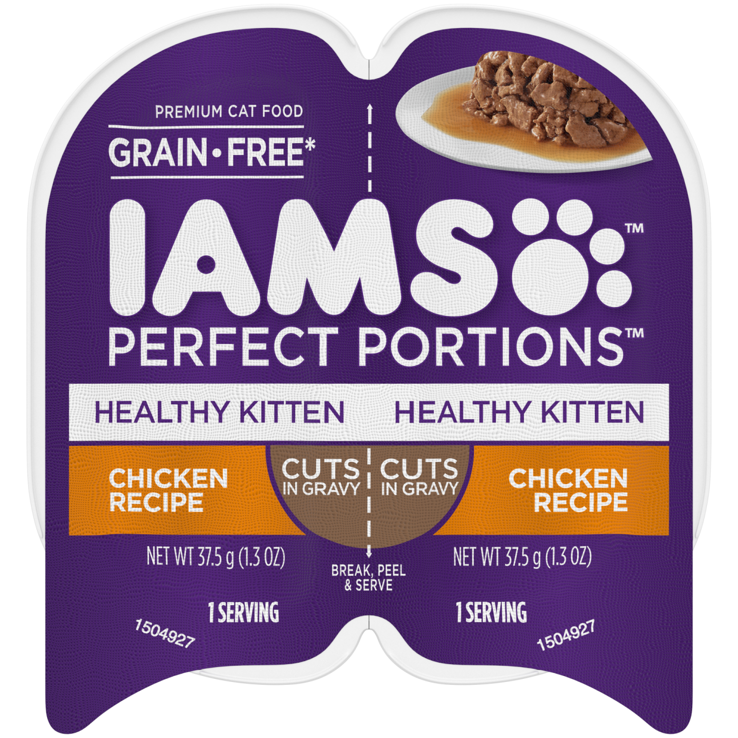 slide 1 of 8, IAMS Perfect Portions Grain Free Premium Kitten Healthy Kitten Cuts in Gravy Chicken Recipe Cat Food 2 - 1.3 oz Each, 2 ct