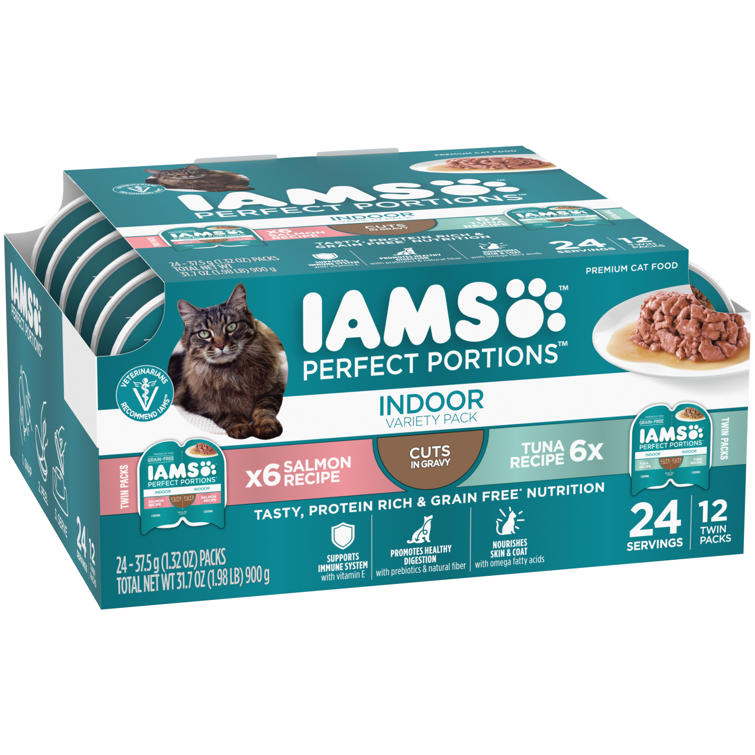 slide 4 of 8, IAMS Perfect Portion Premium Indoor Cuts in Gravy Salmon Recipe Tuna Recipe Cat Food Twin Packs 24 - 1.32 oz Packs, 24 ct