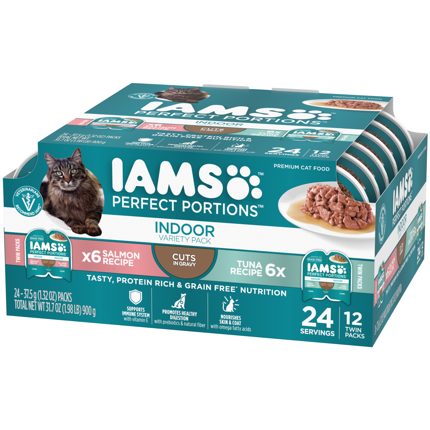 slide 5 of 8, IAMS Perfect Portion Premium Indoor Cuts in Gravy Salmon Recipe Tuna Recipe Cat Food Twin Packs 24 - 1.32 oz Packs, 24 ct