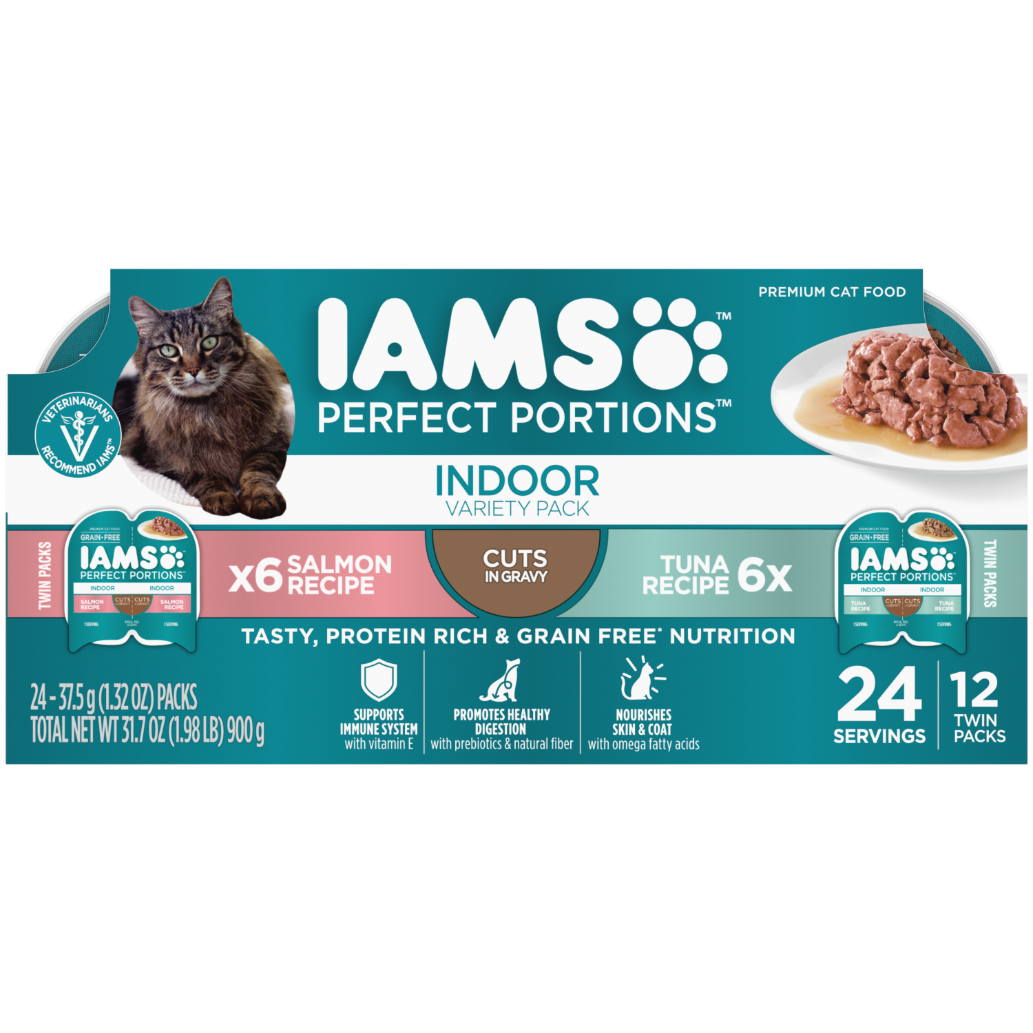 slide 1 of 8, IAMS Perfect Portion Premium Indoor Cuts in Gravy Salmon Recipe Tuna Recipe Cat Food Twin Packs 24 - 1.32 oz Packs, 24 ct