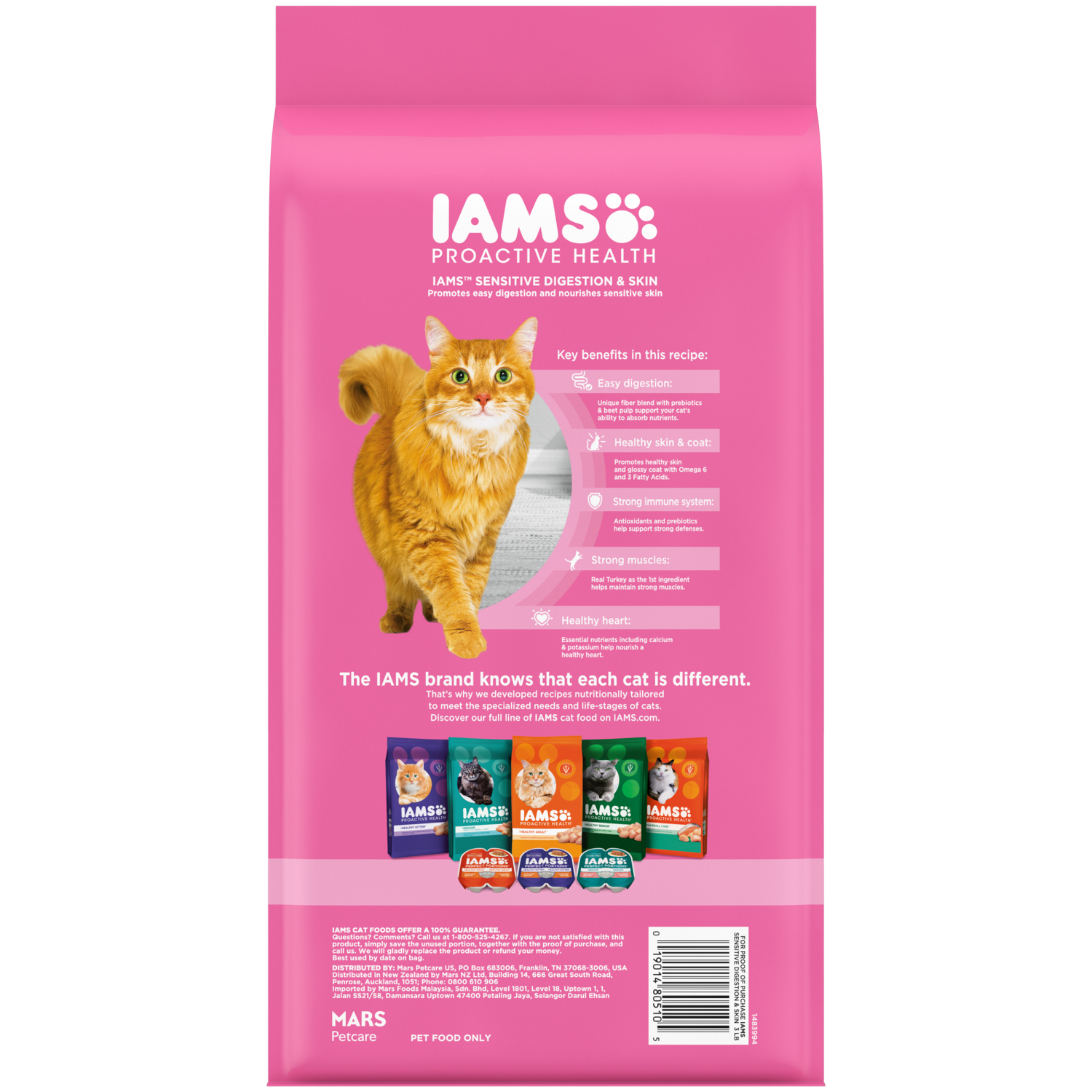 slide 2 of 8, IAMS PROACTIVE HEALTH Adult Sensitive Digestion and Skin Dry Cat Food with Turkey, 3 lb. Bag, 48 oz