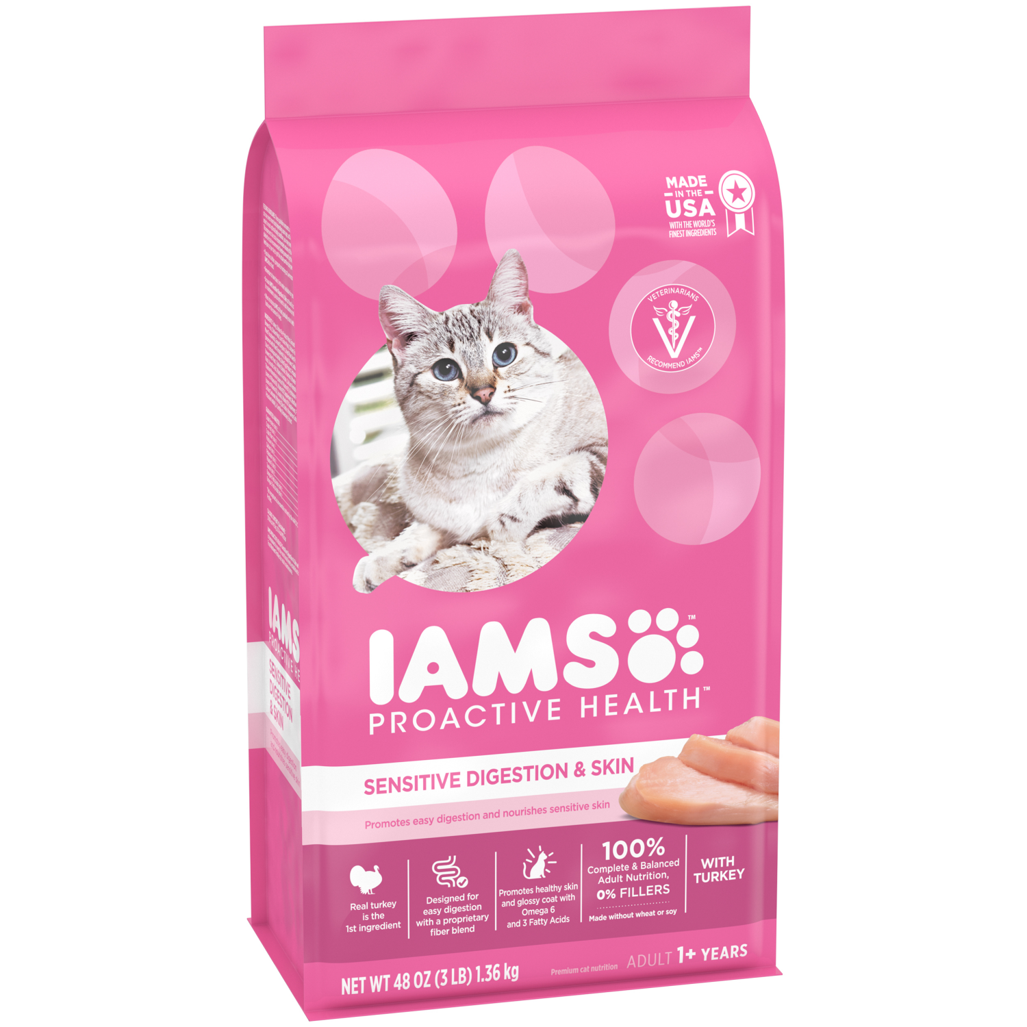 slide 4 of 8, IAMS PROACTIVE HEALTH Adult Sensitive Digestion and Skin Dry Cat Food with Turkey, 3 lb. Bag, 48 oz
