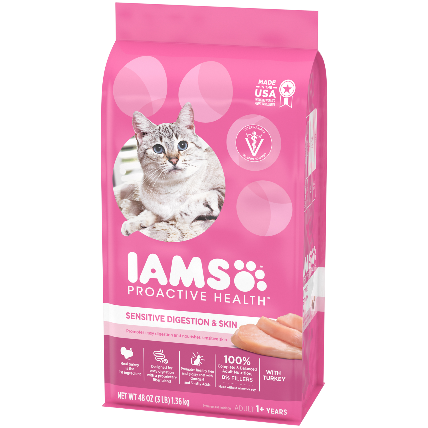 slide 5 of 8, IAMS PROACTIVE HEALTH Adult Sensitive Digestion and Skin Dry Cat Food with Turkey, 3 lb. Bag, 48 oz