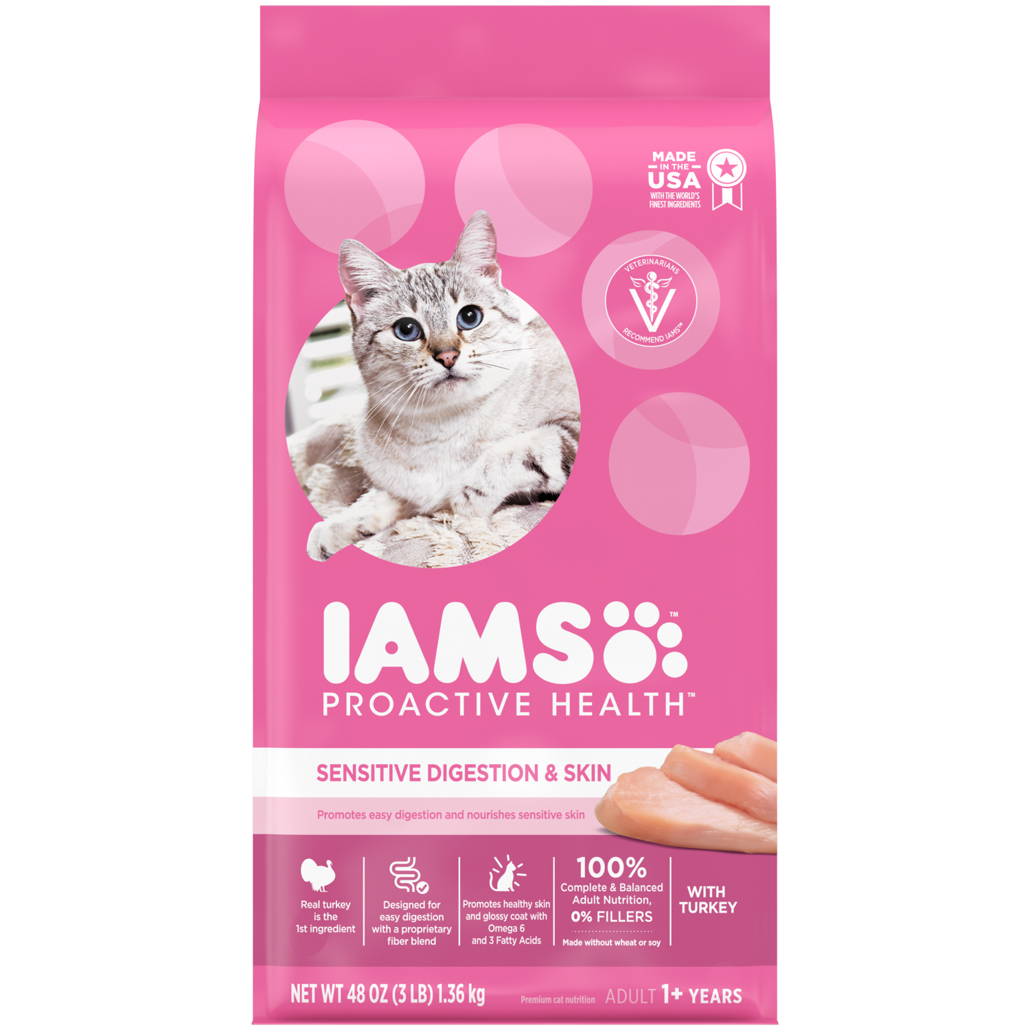 slide 1 of 8, IAMS PROACTIVE HEALTH Adult Sensitive Digestion and Skin Dry Cat Food with Turkey, 3 lb. Bag, 48 oz