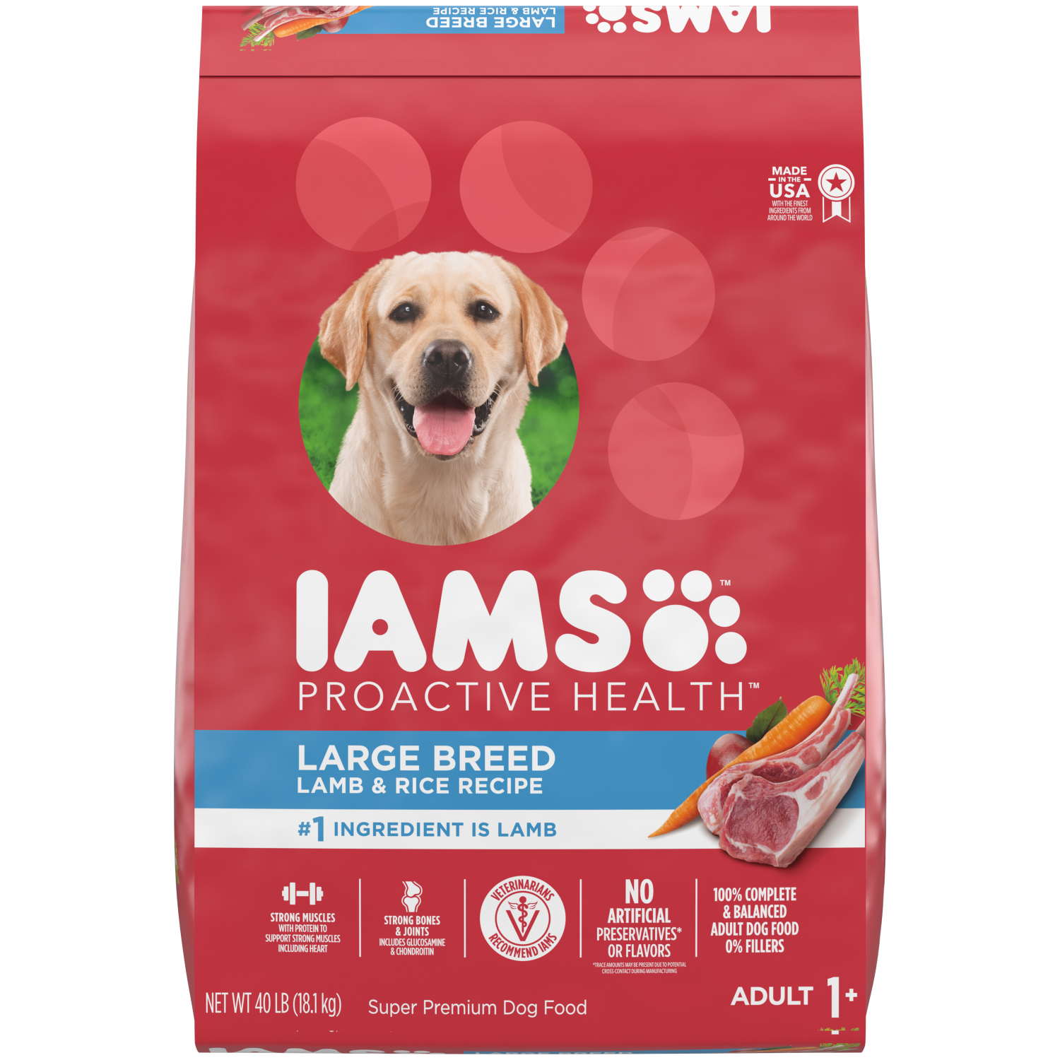 slide 1 of 8, IAMS Proactive Health Large Breed Adult Dry Dog Food Lamb & Rice Recipe, 40 Lb. Bag, 40 lb