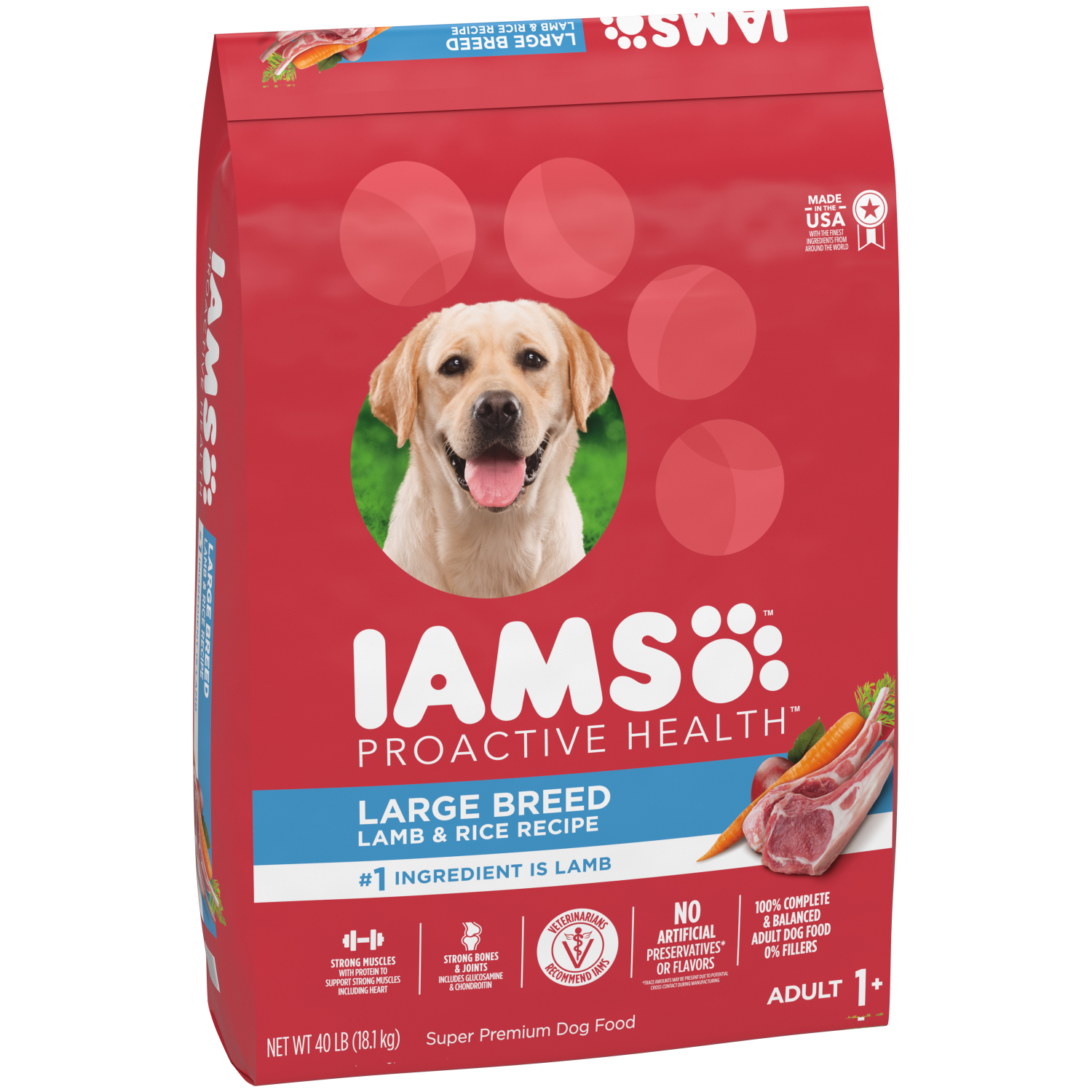 slide 4 of 8, IAMS Proactive Health Large Breed Adult Dry Dog Food Lamb & Rice Recipe, 40 Lb. Bag, 40 lb