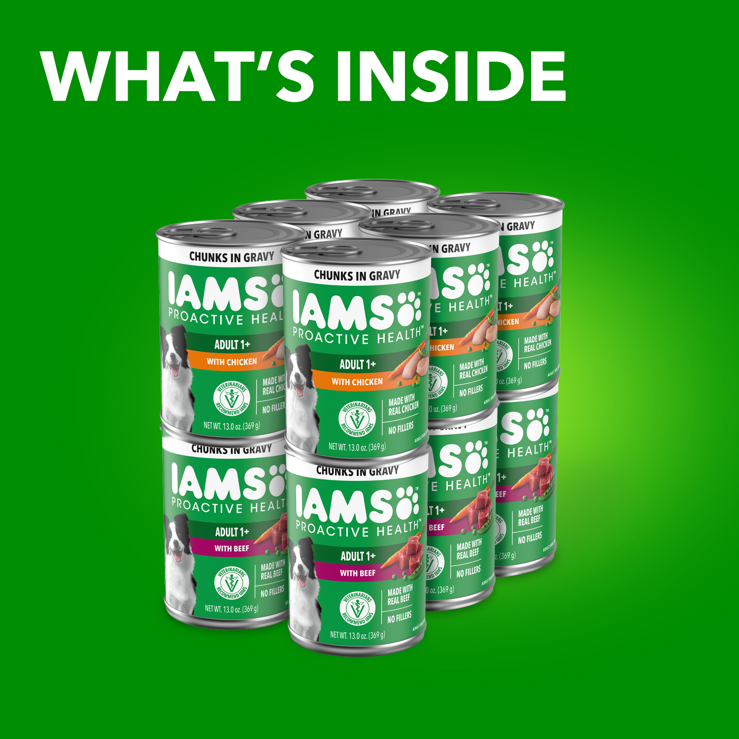 slide 2 of 8, IAMS PROACTIVE HEALTH Chunks in Gravy Adult Wet Dog Food Chicken and Beef Variety Pack, (12) 13 oz. Cans, 12 ct