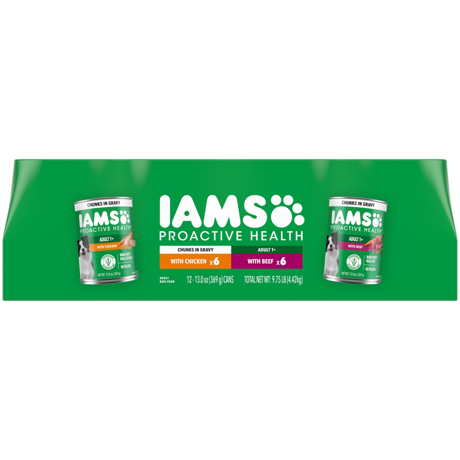 slide 1 of 8, IAMS PROACTIVE HEALTH Chunks in Gravy Adult Wet Dog Food Chicken and Beef Variety Pack, (12) 13 oz. Cans, 12 ct