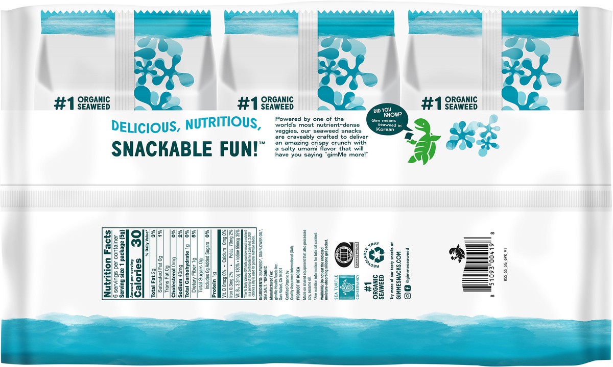 slide 3 of 7, gimMe Roasted Sea Salt Seaweed Snack Value Pack 6 - 0.17 oz Trays, 6 ct