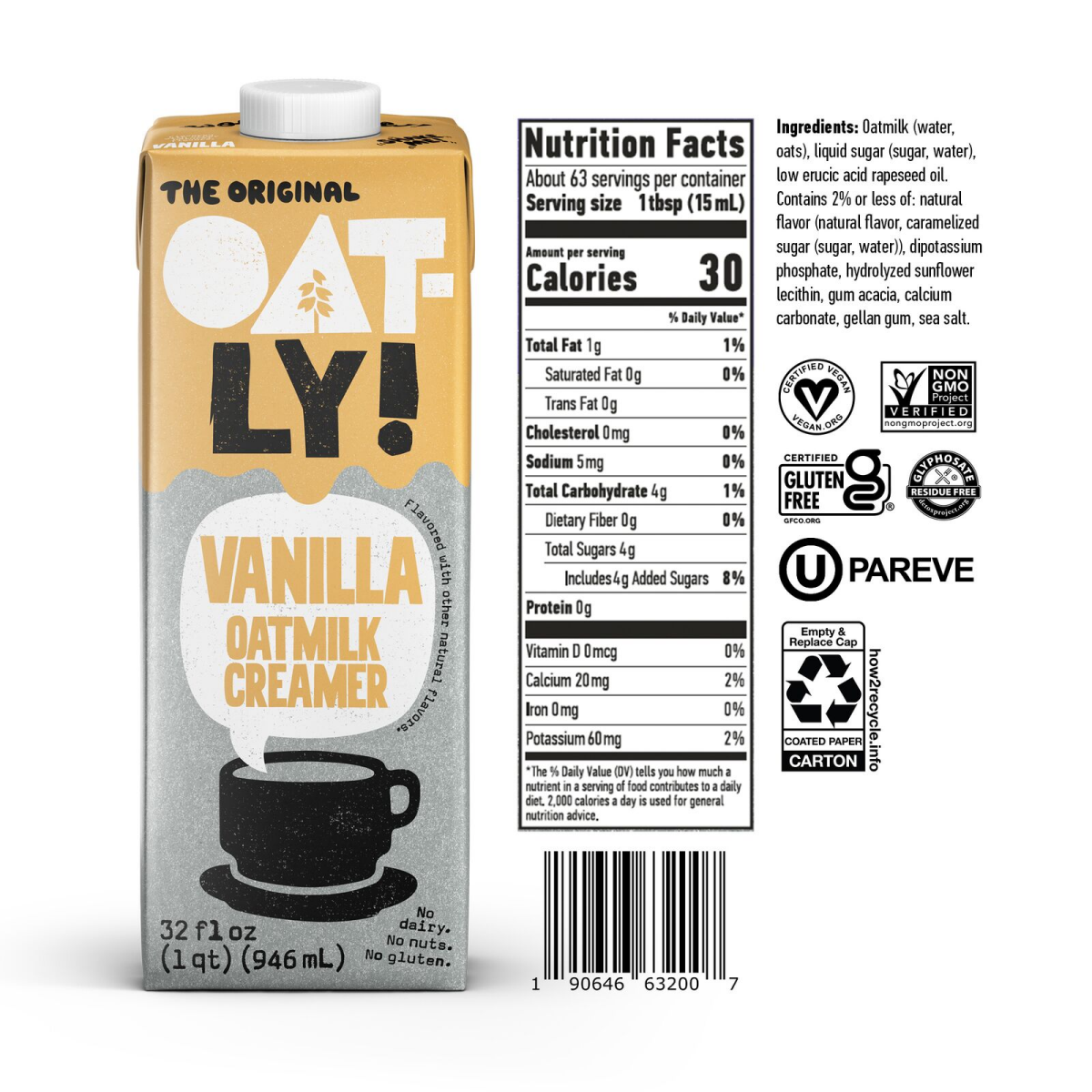 slide 2 of 2, Oatly Oat Milk Liquid Coffee Creamer - Vanilla, 32 fl oz