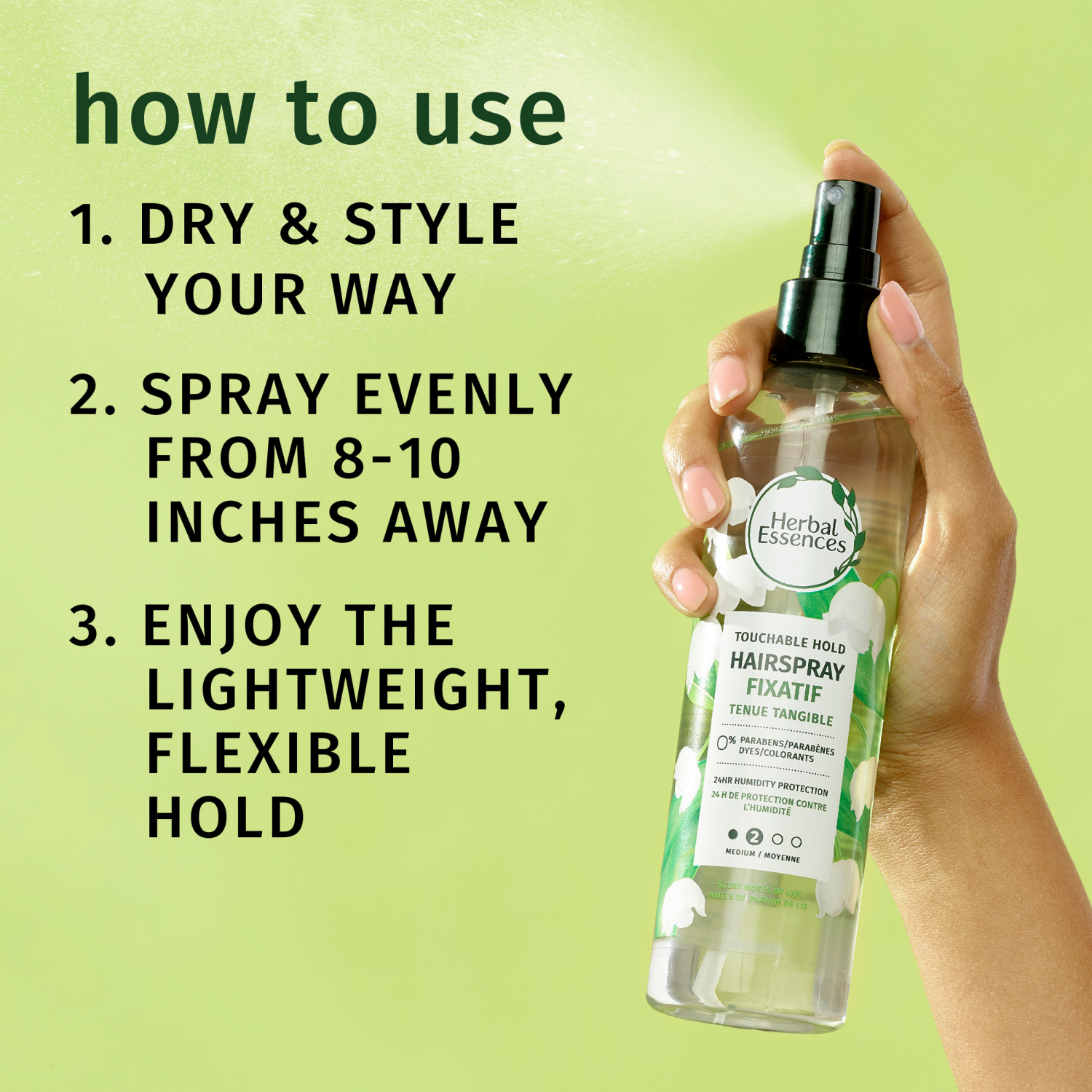 slide 5 of 8, Herbal Essences Touchable Hold Hairspray, Nonaerosol Hair Spray for All Hair Types, 24-hour Hold, Frizz Control, 8 fl oz, 8 fl oz